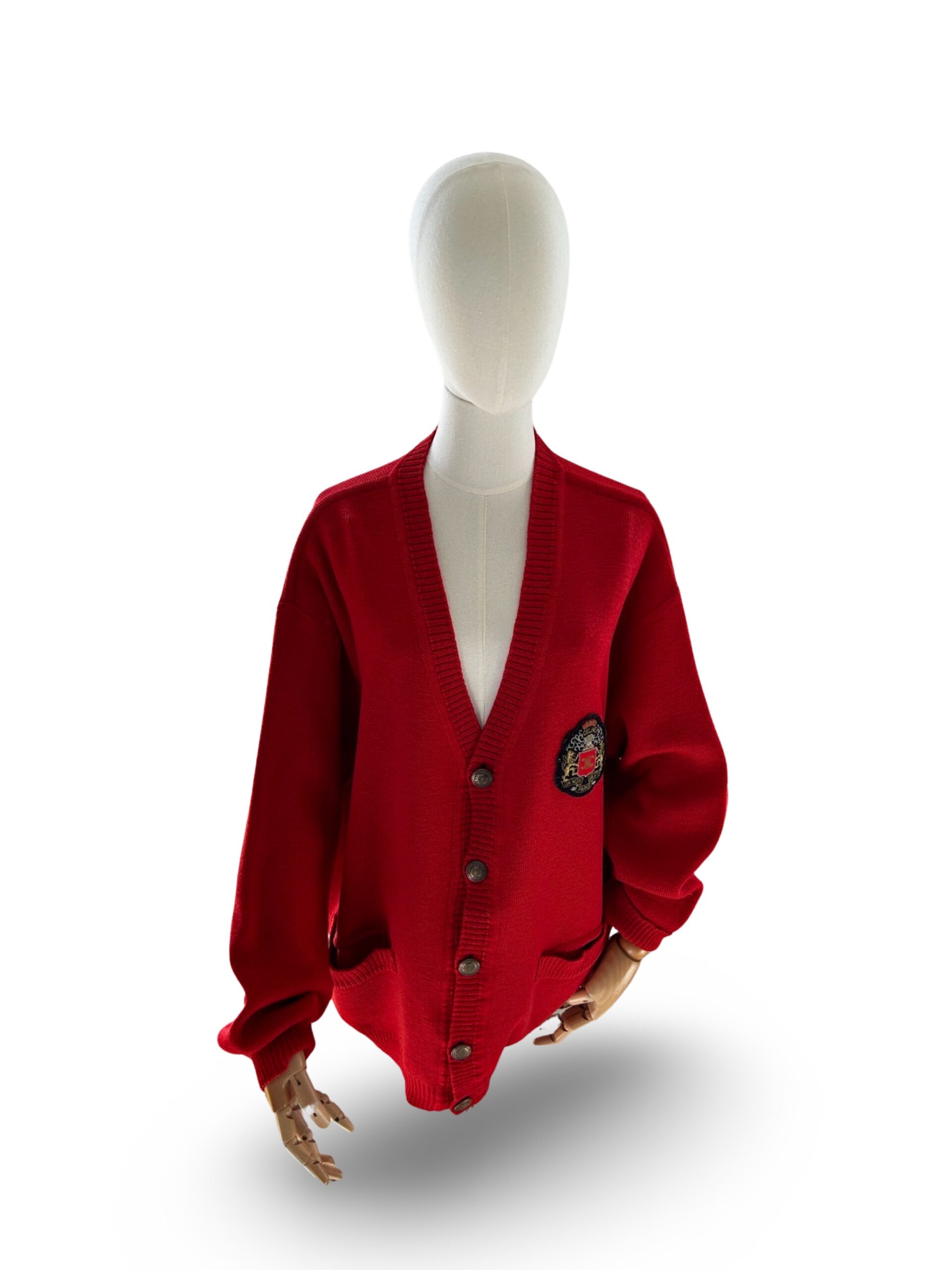 Vintage 80s Celine 100% Wool Red Monogram Long Sleeve Cardigan